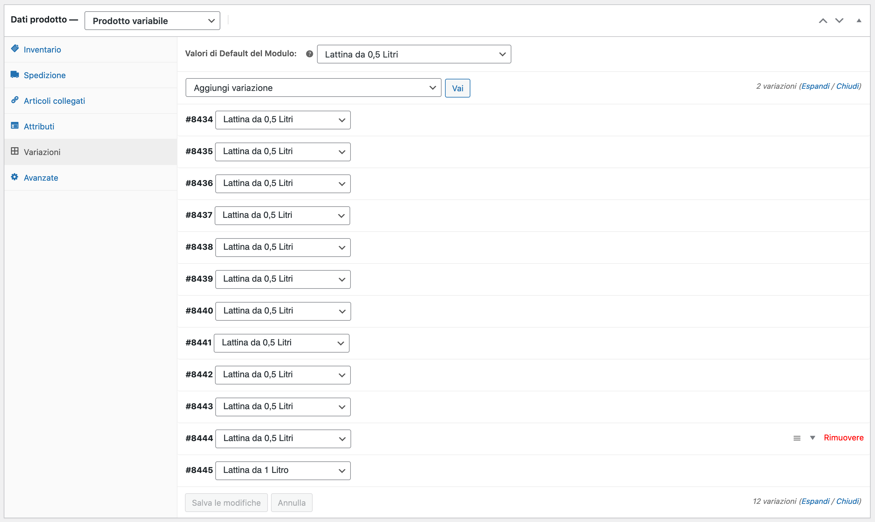 come visualizzare più di 10 varianti nella tab variazioni dei prodotti in woocommerce senza plugin